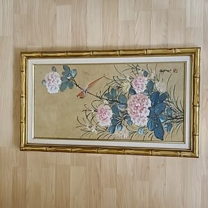 Vintage Chinese Panel Watercolor Painting Red Birds & Flowers Signed